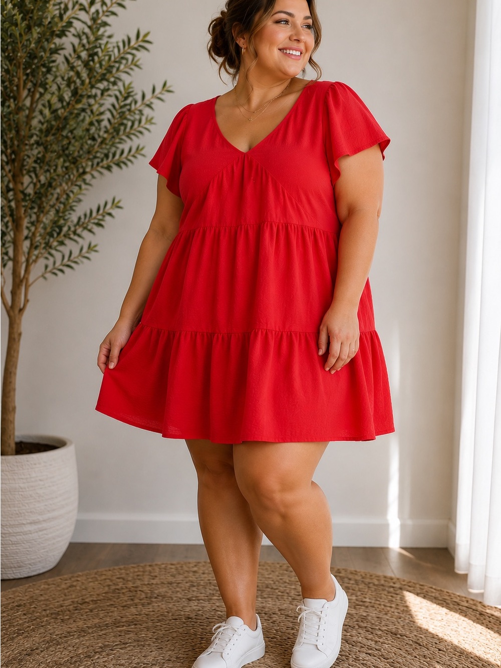 Timing Red V-Neck Tiered Mini Dress 1xl NWT